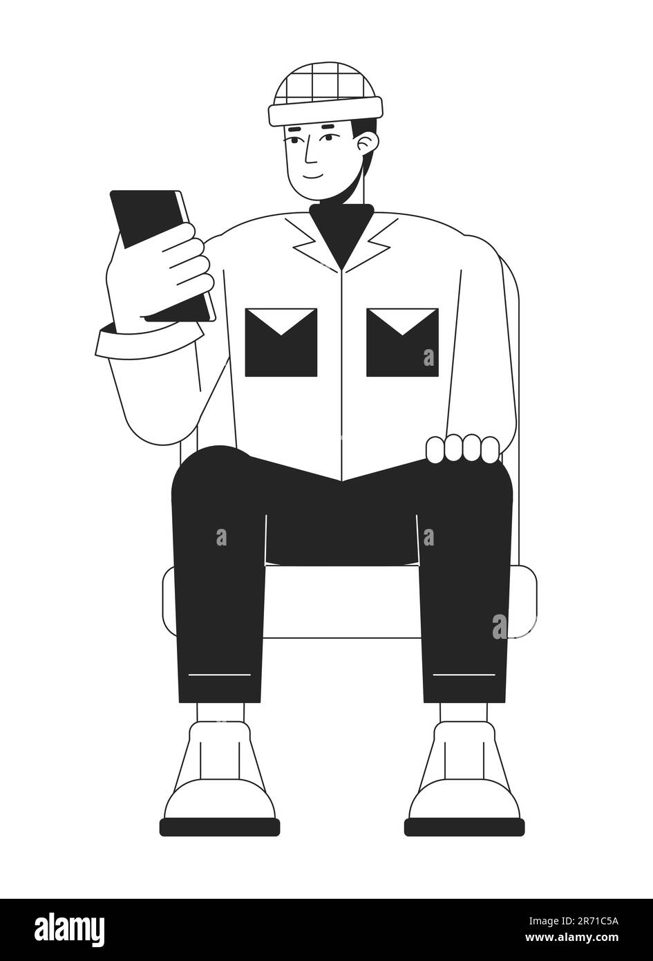 Asian young man checking phone line art vector cartoon character Stock