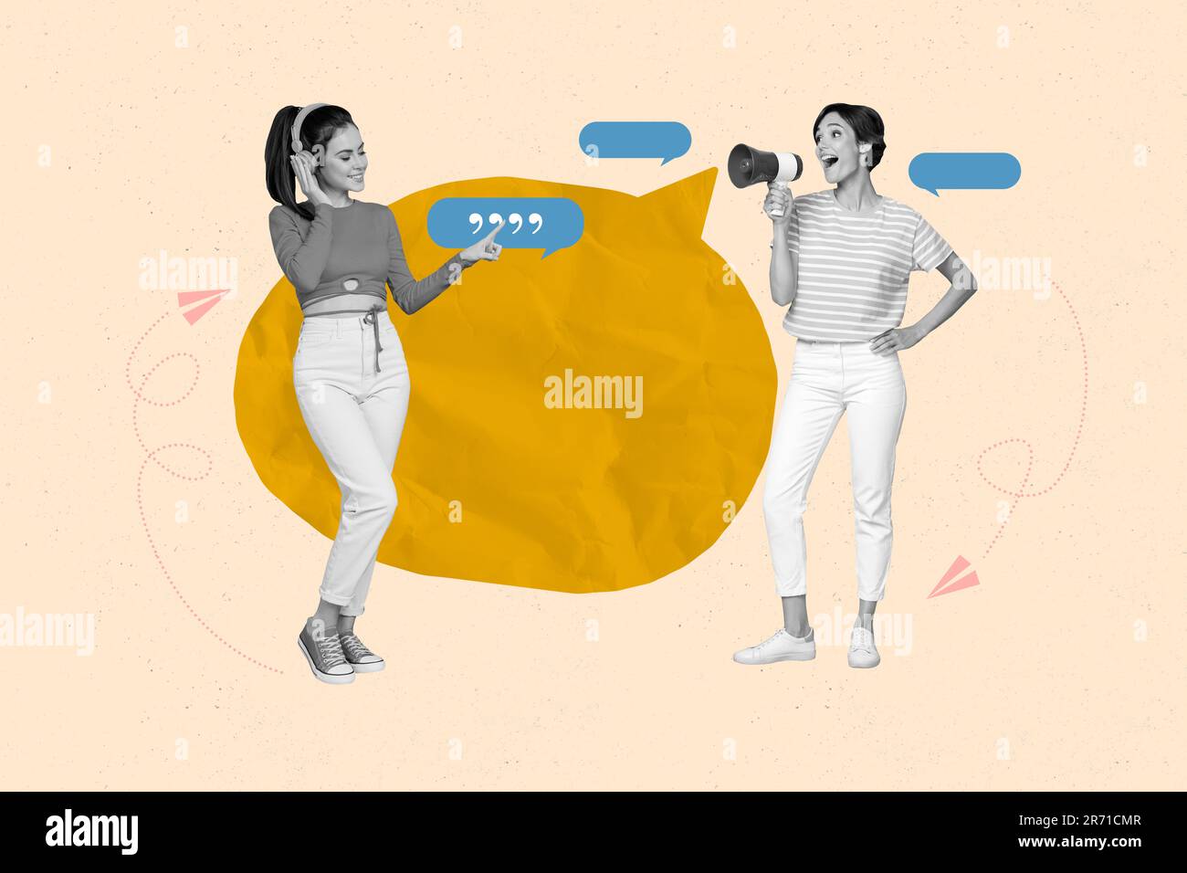 Promoters collage illustration two women speech loudspeaker new promo proposition quotes listen headphones isolated on beige background Stock Photo