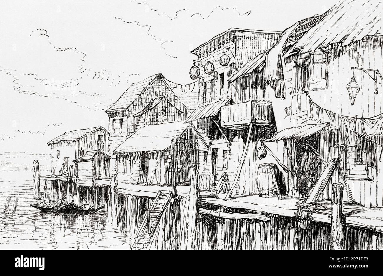 Chinese houses on the waterfront, San Francisco, USA, seen here in the 19th century.  From America Revisited: From The Bay of New York to The Gulf of Mexico, published 1886. Stock Photo