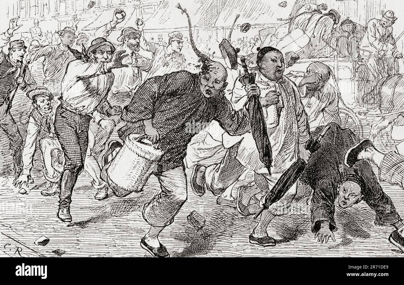 Hoodlums pelting Chinese emigrants on their arrival at San Francisco, 19th century.  From America Revisited: From The Bay of New York to The Gulf of Mexico, published 1886. Stock Photo