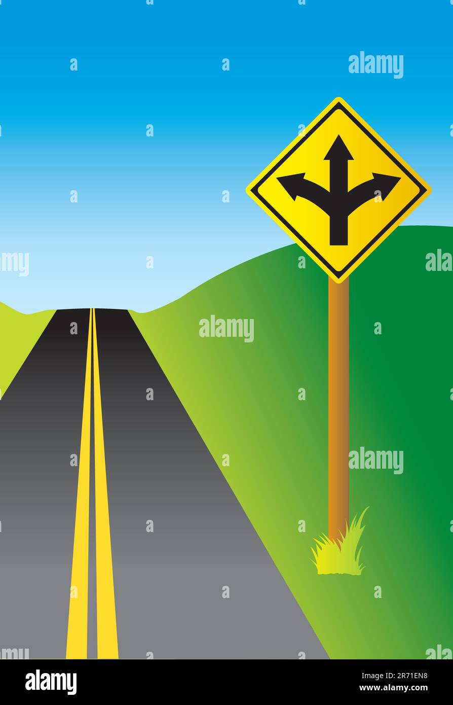 Sign depicting a threeway fork in the road with optional road, hills