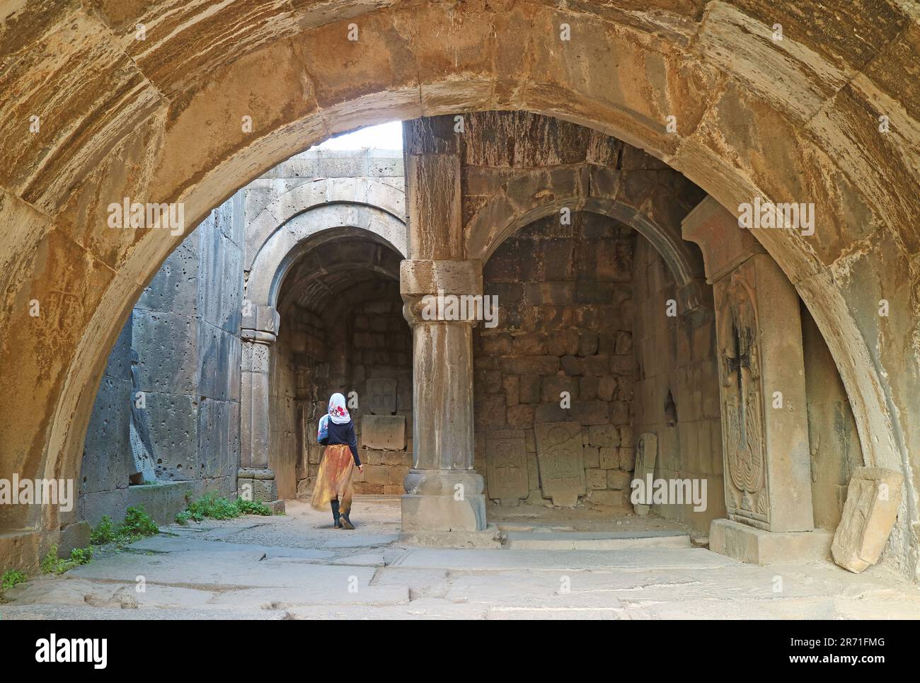 Amazing Interior of Haghpat Medieval Monastery with Group of Armenian Cross Stones or Khachkar, Lori Province, Armenia Stock Photo