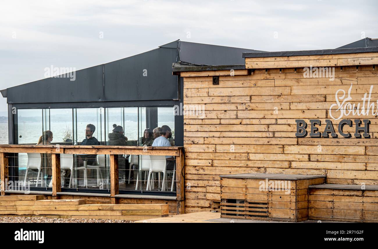 Cafe on the beach on 26 April 2023 in Southsea, Hampshire, UK Stock Photo