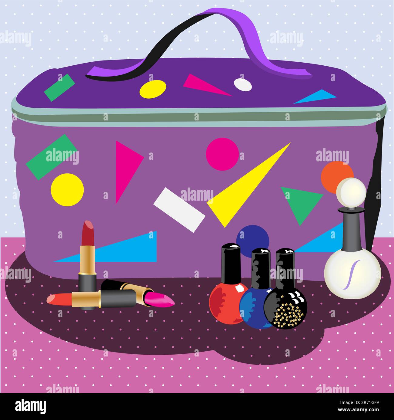 Vector illustration of a cosmetic bag in front of lipsticks, nail polishes and a parfume Stock Vector
