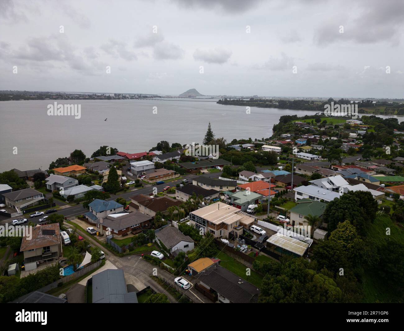 An aerial view of the Maungatapu suburb situated around the Rangataua Bay in New Zealand Stock