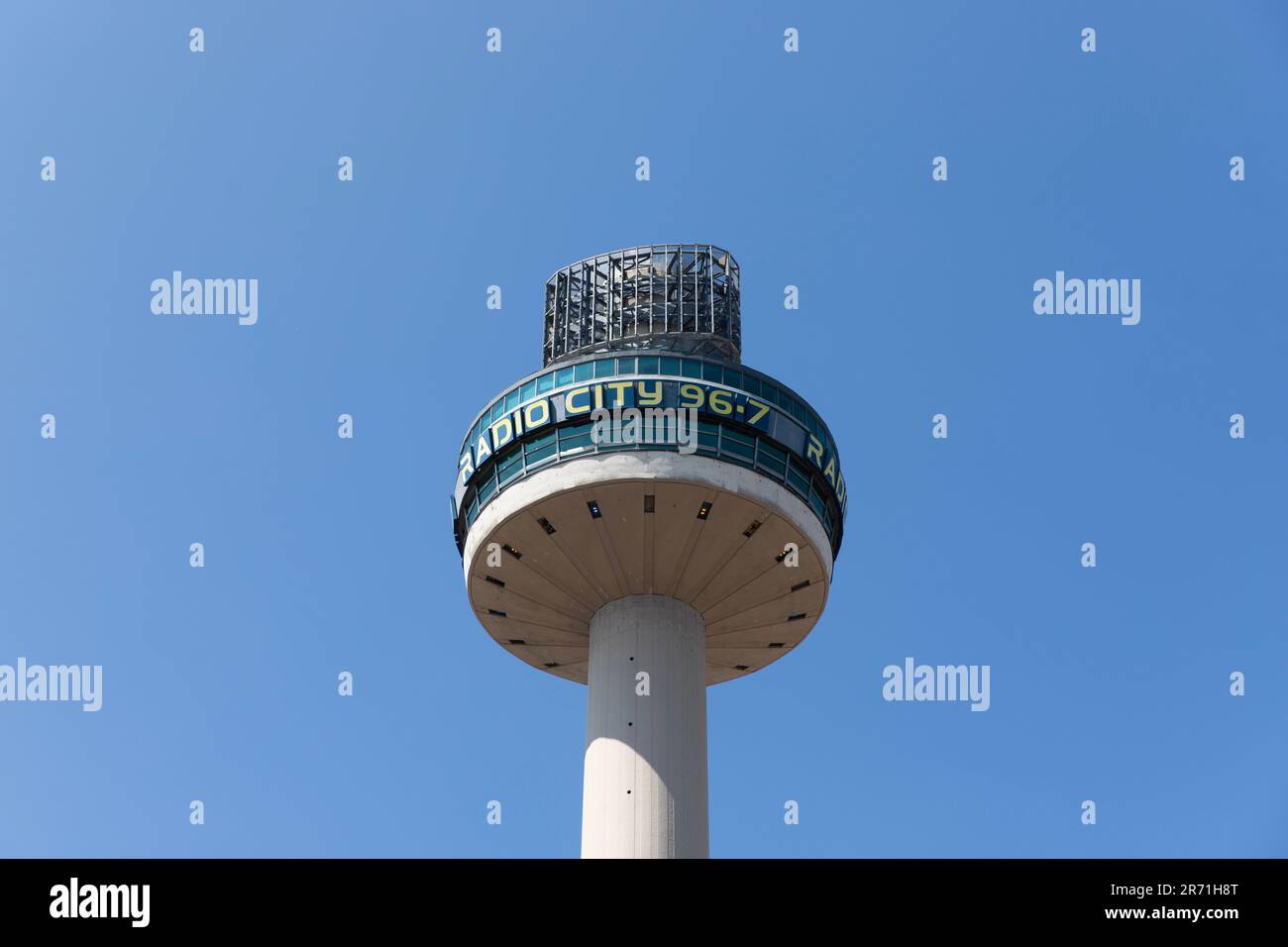 St John's Beacon, Liverpool (Radio City 96.7) 360-degree viewing platform / gallery, isolated against a blue sky. Stock Photo