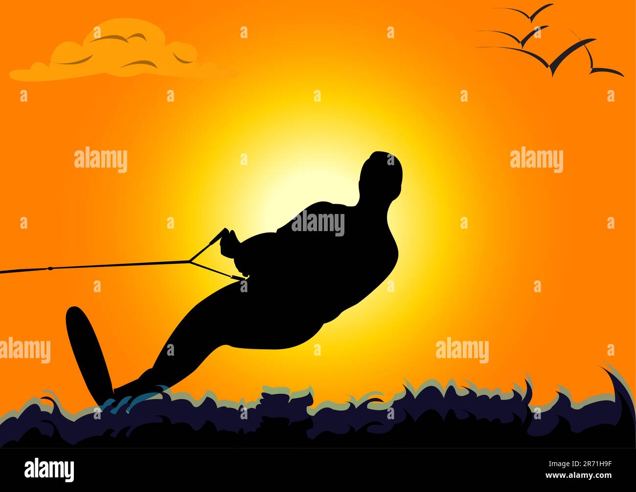 Vector illustration of a silhouette of a water skier on sunset Stock