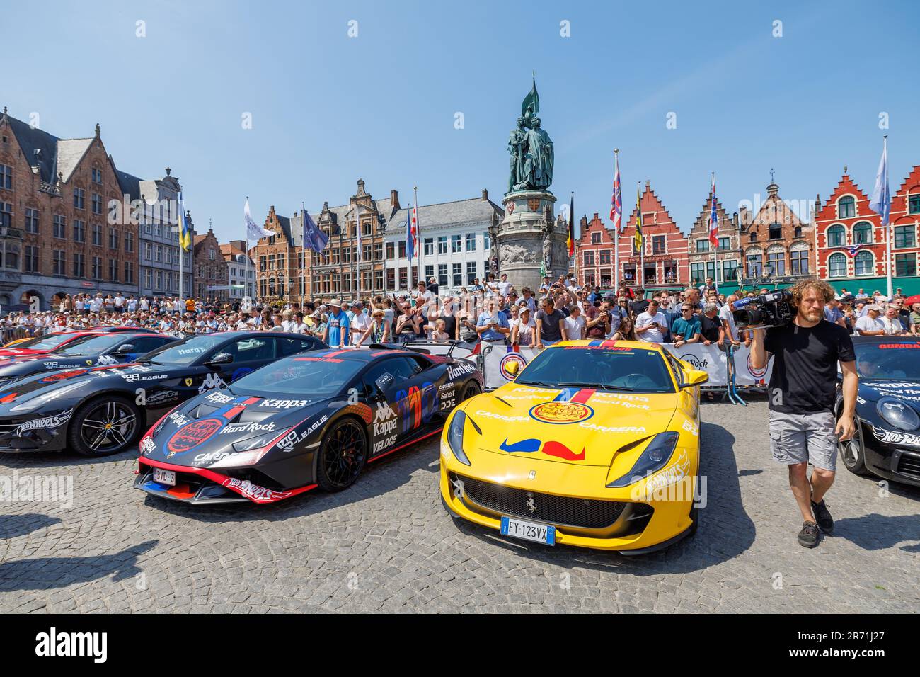 Brugge, Belgium. 12th June, 2023. Race cars pictured during the Gumball 3000 annual international celebrity motor rally passing by Brugge, Monday 12 June 2023. The Gumball rally takes place on public roads. The name comes from the 1976 movie The Gumball Rally. It was established in 1999 by Maximillion Cooper, with his vision to combine cars, music, fashion and entertainment. BELGA PHOTO KURT DESPLENTER Credit: Belga News Agency/Alamy Live News Stock Photo