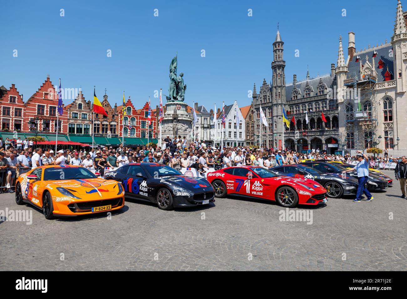 Brugge, Belgium. 12th June, 2023. Race cars pictured during the Gumball 3000 annual international celebrity motor rally passing by Brugge, Monday 12 June 2023. The Gumball rally takes place on public roads. The name comes from the 1976 movie The Gumball Rally. It was established in 1999 by Maximillion Cooper, with his vision to combine cars, music, fashion and entertainment. BELGA PHOTO KURT DESPLENTER Credit: Belga News Agency/Alamy Live News Stock Photo
