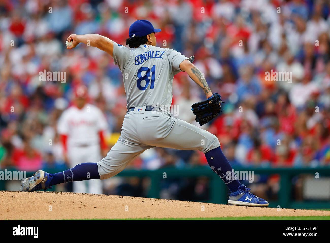PHILADELPHIA, PA - JUNE 09: Victor Gonzalez #81 of the Los Angeles Dodgers  pitches during the game against the Philadelphia Phillies during the game  at Citizens Bank Park on June 9, 2023