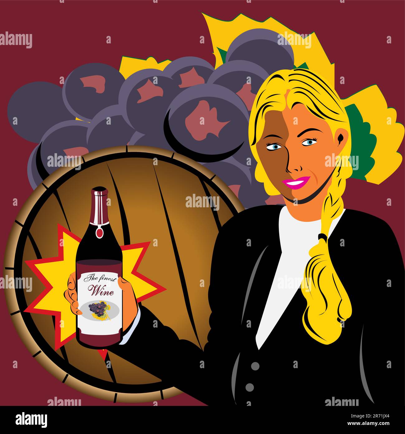 Vector illustration of a girl holding bottle of wine and with a barrel and grapes in background Stock Vector