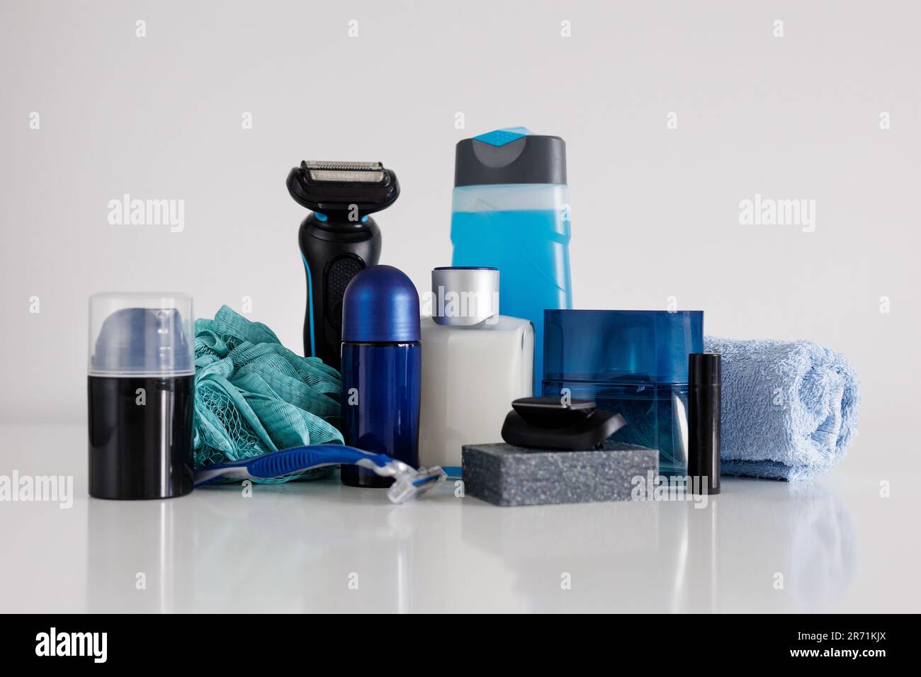 Set of men's personal hygiene products on white background Stock Photo