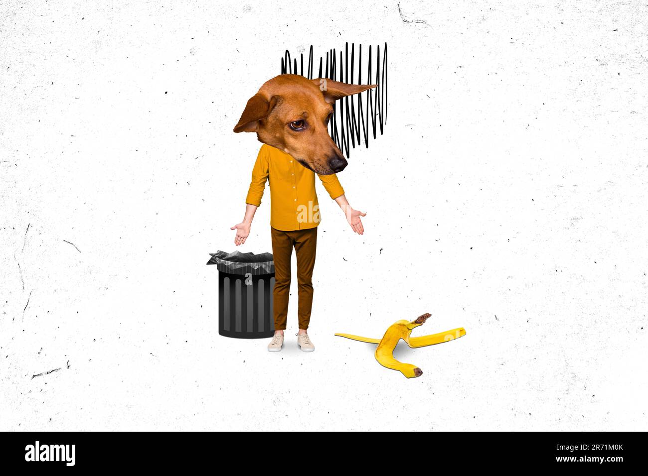 Creative trend collage of confused disappointed man dog head see banana