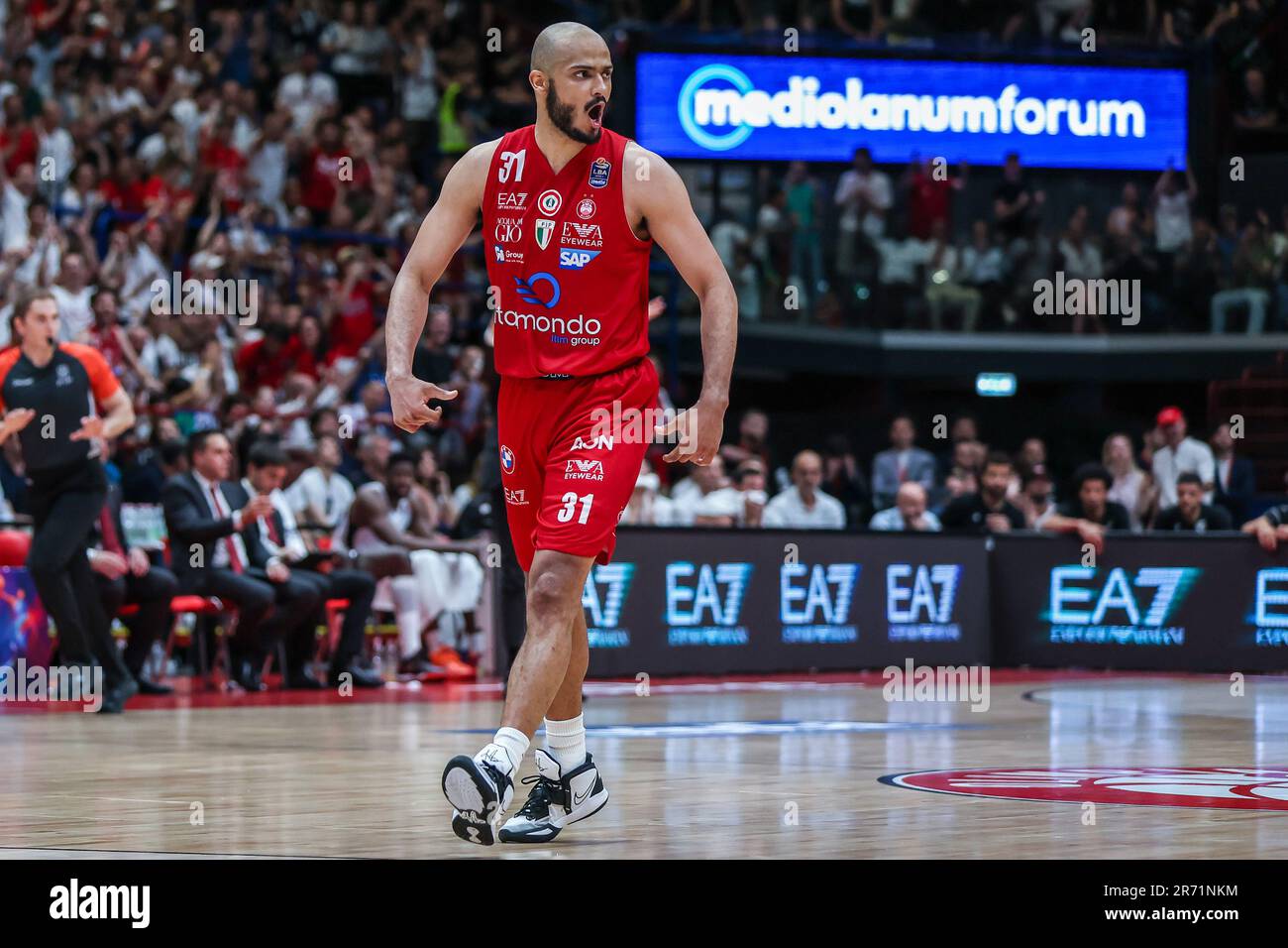 Milan, Italy. 11th June, 2023. Shavon Shields #31 of EA7 Emporio Armani  Milan celebrates after scoring a goal during LBA Lega Basket Serie A Finals  2023 Game 2 between EA7 Emporio Armani