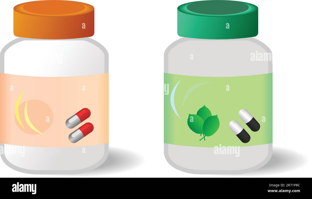 Two bottles with tablets are isolated on white background. Vector Stock Vector
