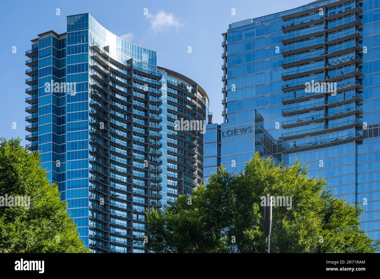 Midtown Atlanta, Georgia's geometric architecture and reflecting glass of the Loews Hotel and 1010 Midtown buildings. (USA) Stock Photo
