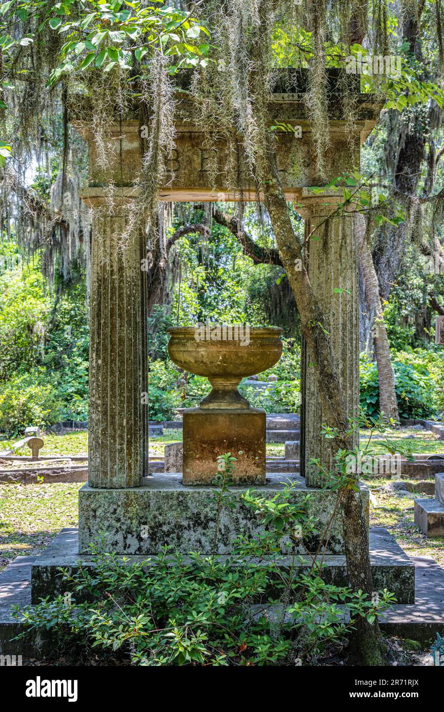 Historic Bonaventure Cemetery memorial amidst Southern live oaks and