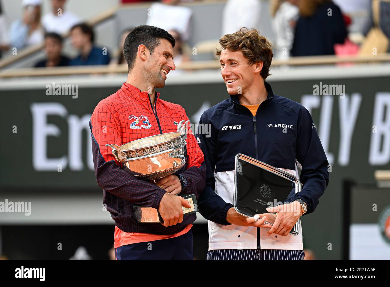 Paris, France. 11th June, 2023. Novak Djokovic and Capser Ruud during ...
