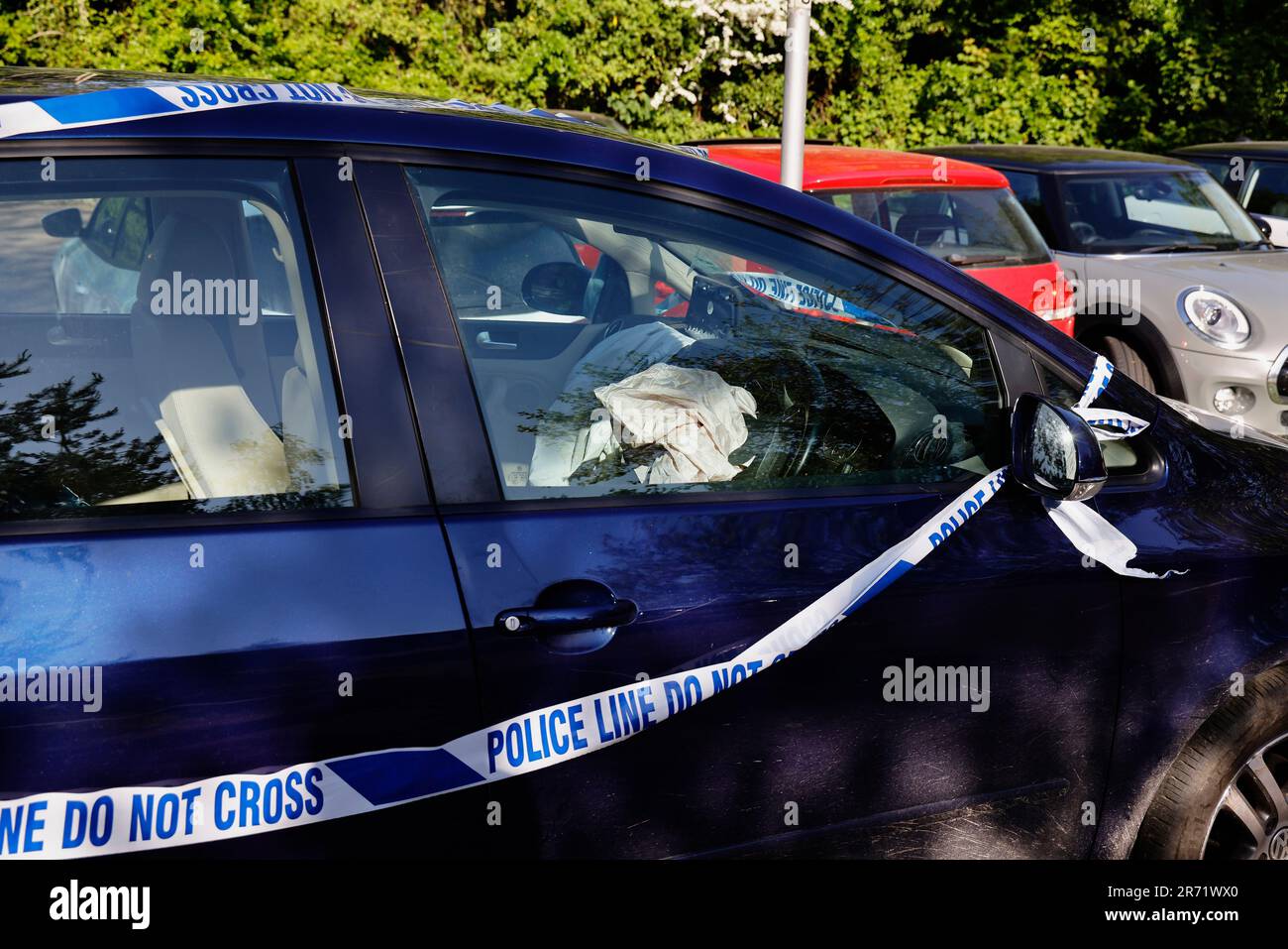 Transport, Road, Car with police tape after being involved in an accident, Cranbrook, Kent, England. Stock Photo