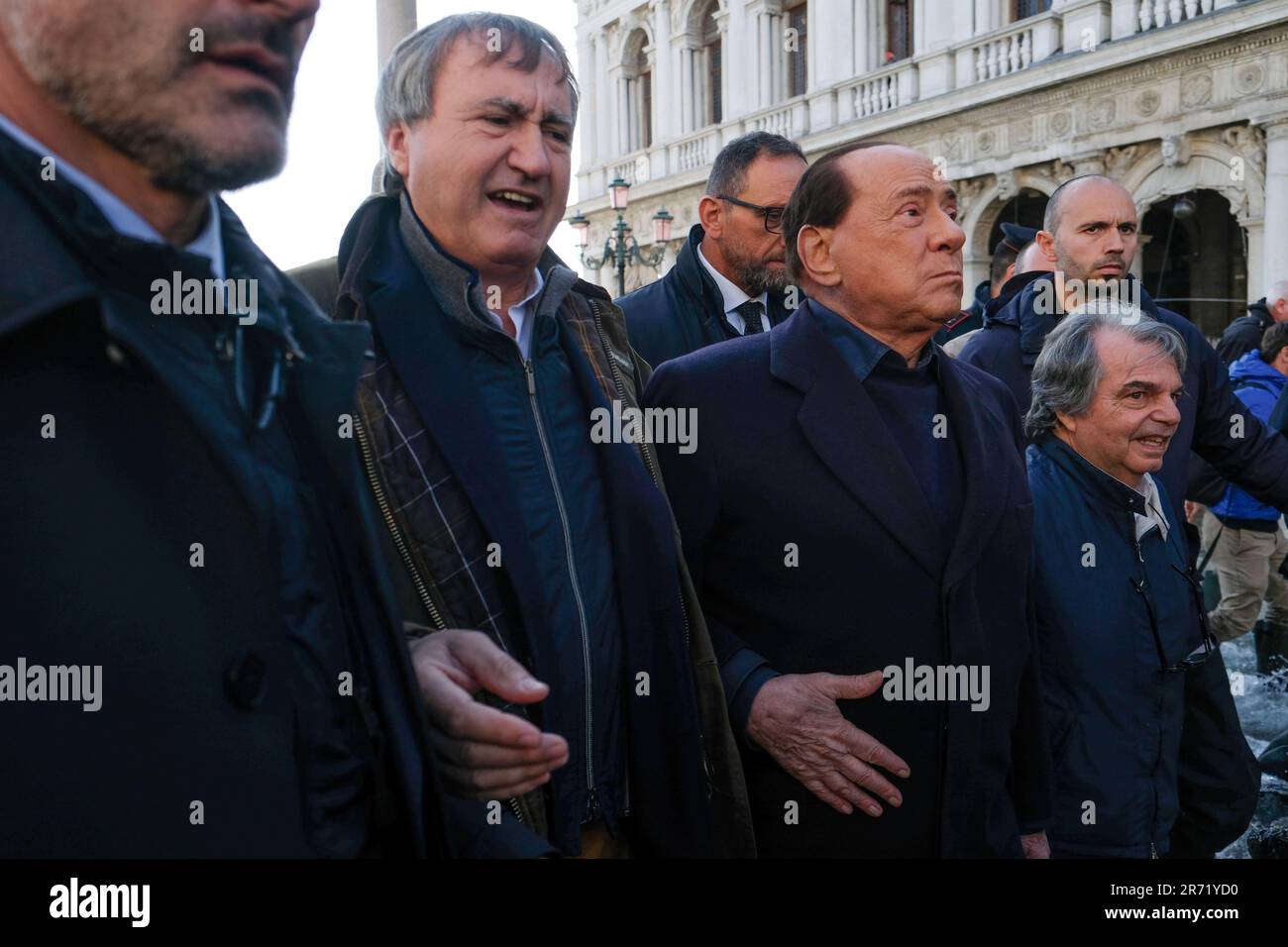 Silvio Berlusconi speaks with Mayor of Venice Luigi Brugnaro after the second highest tide ever recorded flooded. Stock Photo