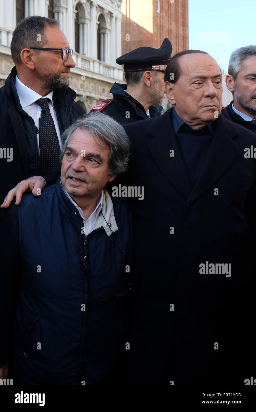 Silvio Berlusconi speaks with Mayor of Venice Luigi Brugnaro after the second highest tide ever recorded flooded. Stock Photo