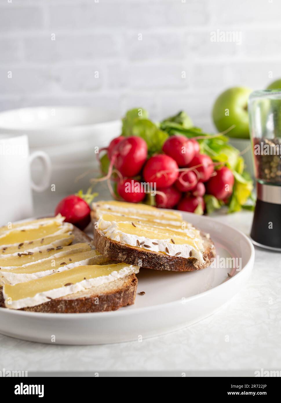 Cheese sandwich with sourdough bread, butter and harzer cheese