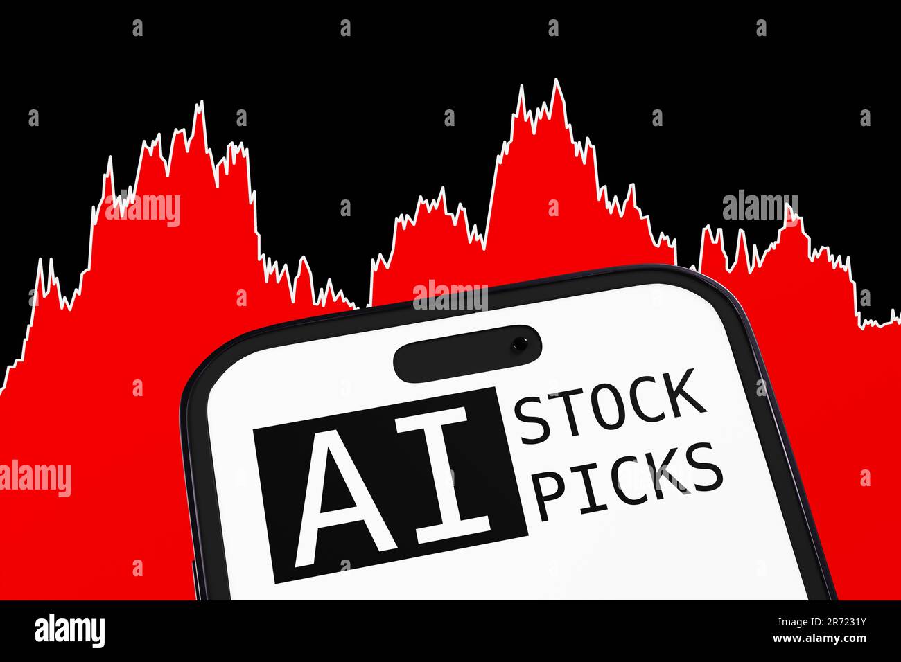 Smartphone with an app showing AI STOCK PICKS with a red stock chart as background. Concept of stock trading by artificial intelligence Stock Photo
