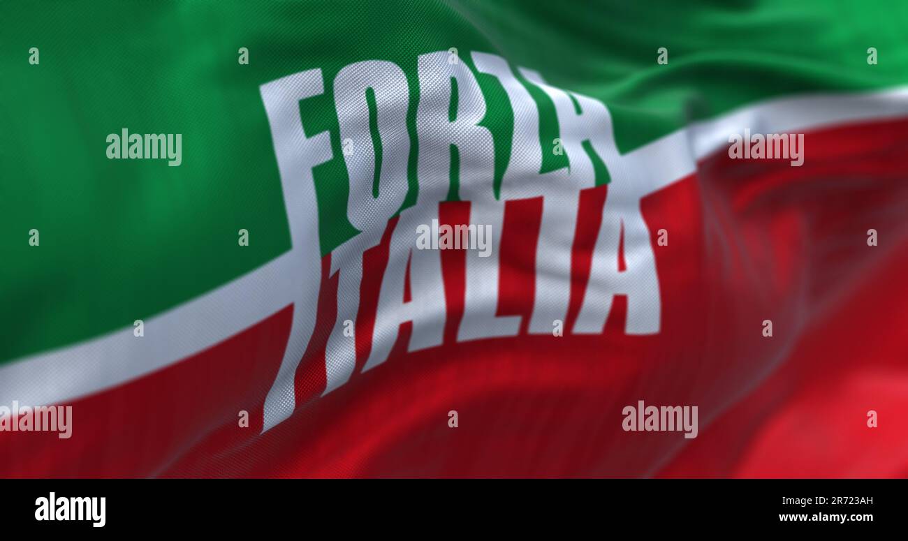 Roma, It, May 2023: Close-up of the Forza Italia flag waving in the wind. Forza Italia is the Italian political party founded by Silvio Berlusconi. Il Stock Photo