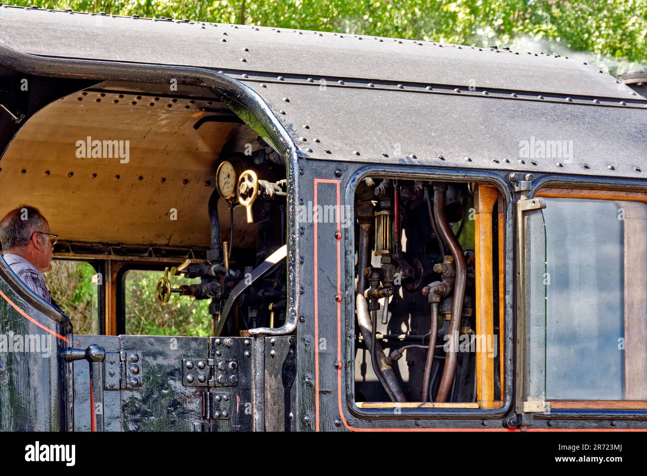 Strathspey Steam Railway Scotland early summer the cab interior of steam train LMS 5025 at Boat