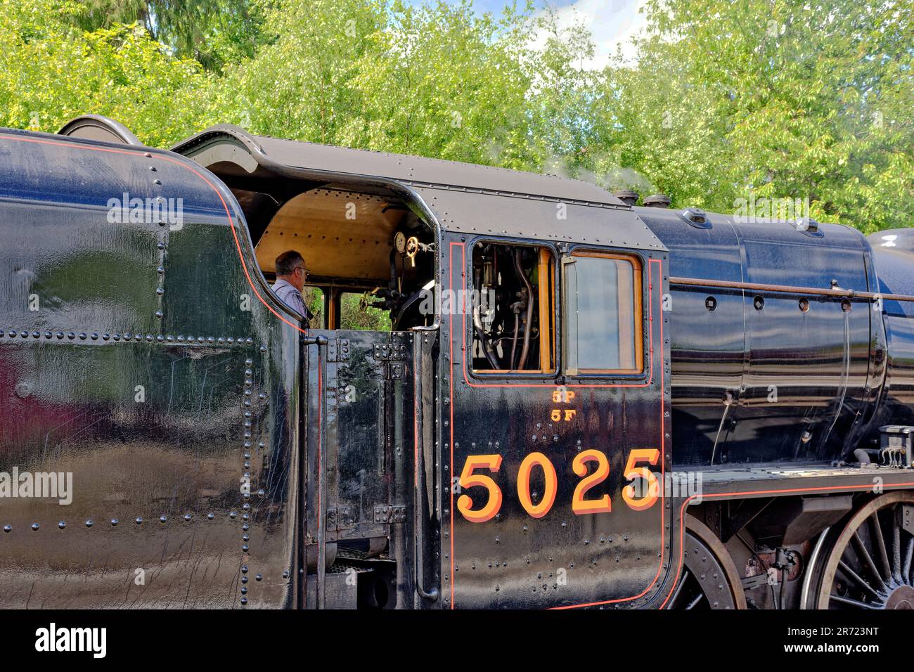 Strathspey Steam Railway Scotland early summer the cab of steam train LMS 5025 at Boat of Garten