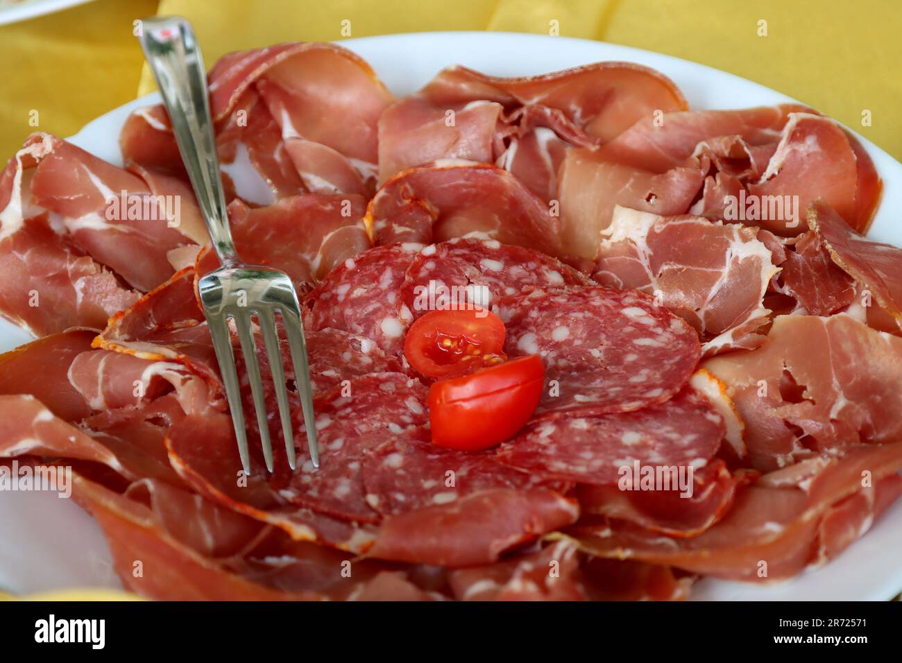 Assortment of various types of Italian cold cuts. Salami, raw ham