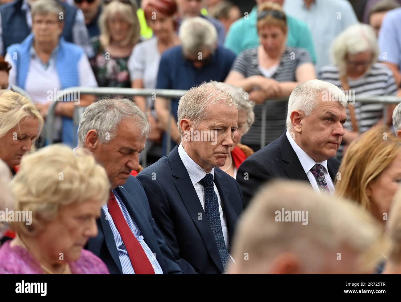 Gregory Campbell MP for East Londonderry (centre) at the unveiling of a new memorial at Coleraine Town Hall on the 50th anniversary of the bombing of Coleraine in Co. Derry. Picture date: Monday June 12, 2023. Stock Photo