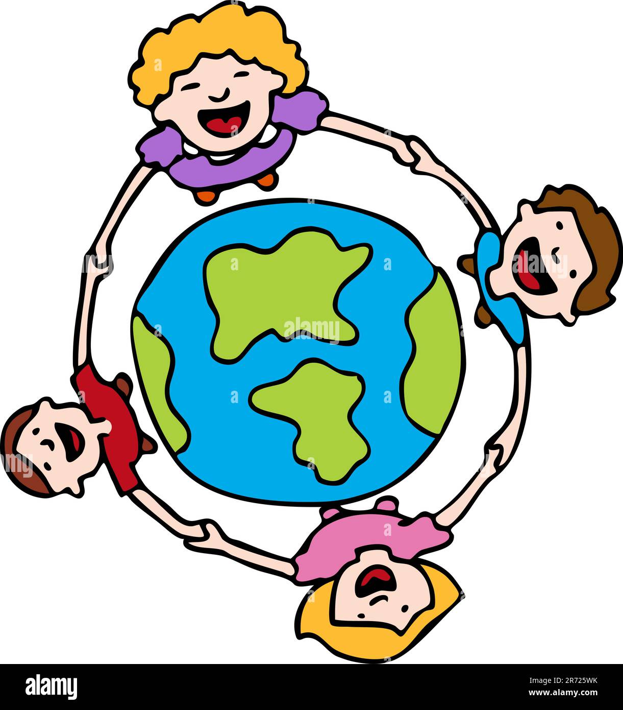 An image of a children holding hands around the Earth. Stock Vector