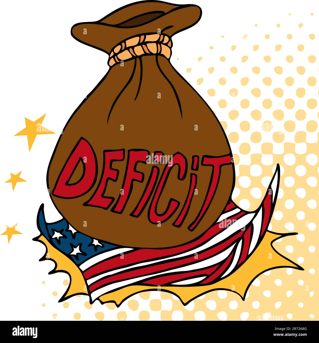 An image of a giant deficit bag crashing on an American flag. Stock Vector