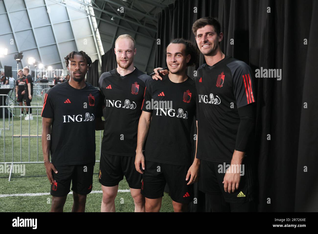 Tubize, Belgium. 12th June, 2023. Belgium's Mike Tresor Ndayishimiye, Belgium's goalkeeper Arnaud Bodart, Belgium's Arthur Theate and goalkeeper Thibaut Courtois pictured after a training session of Belgian national soccer team Red Devils, Monday 12 June 2023, at the Royal Belgian Football Association RBFA's headquarters in Tubize, in preparation of the matches against Austria and Estonia later this month. BELGA PHOTO BRUNO FAHY Credit: Belga News Agency/Alamy Live News Stock Photo