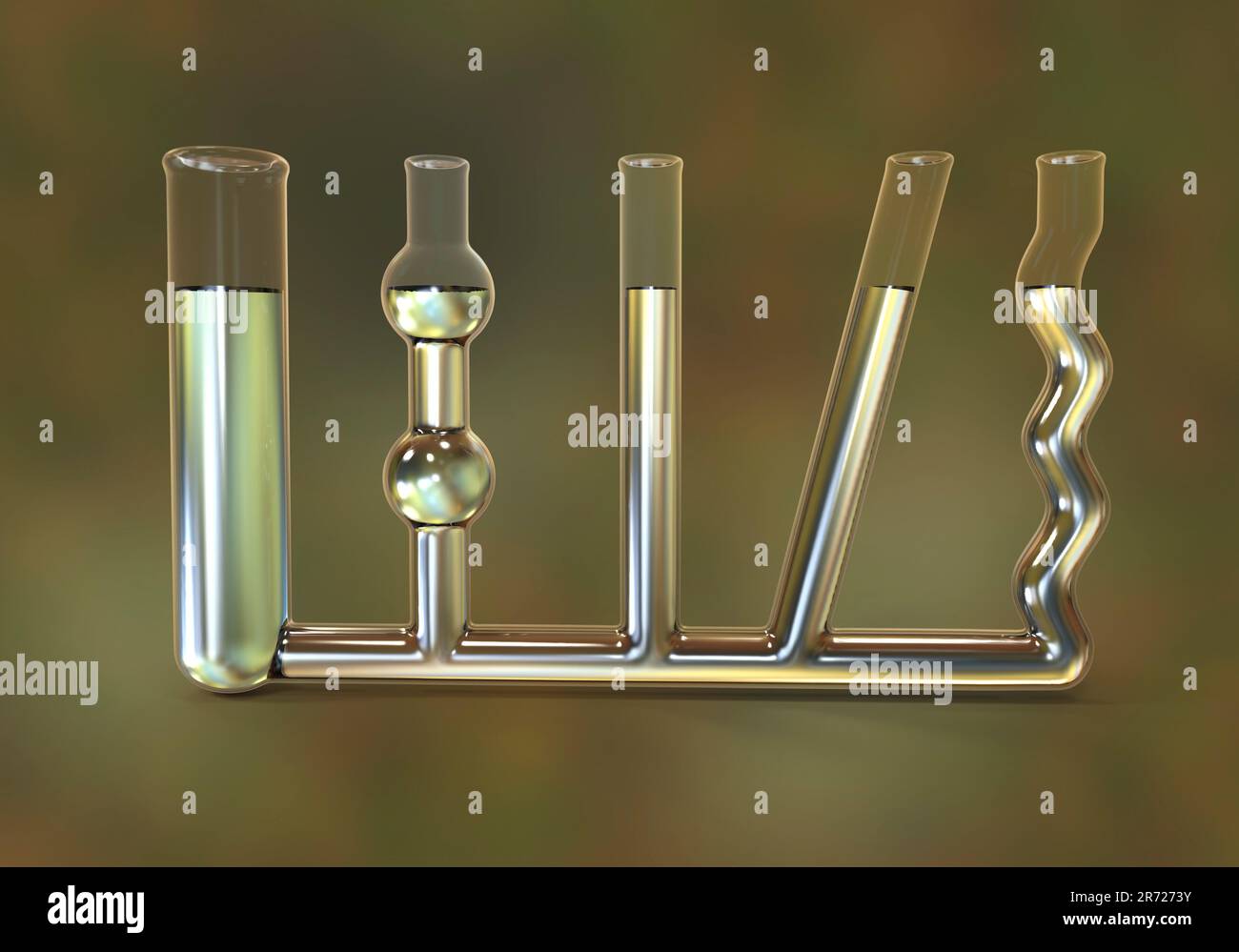Communicating vessels, a type of laboratory glassware, are used to demonstrate Stevin's Law. Stock Photo