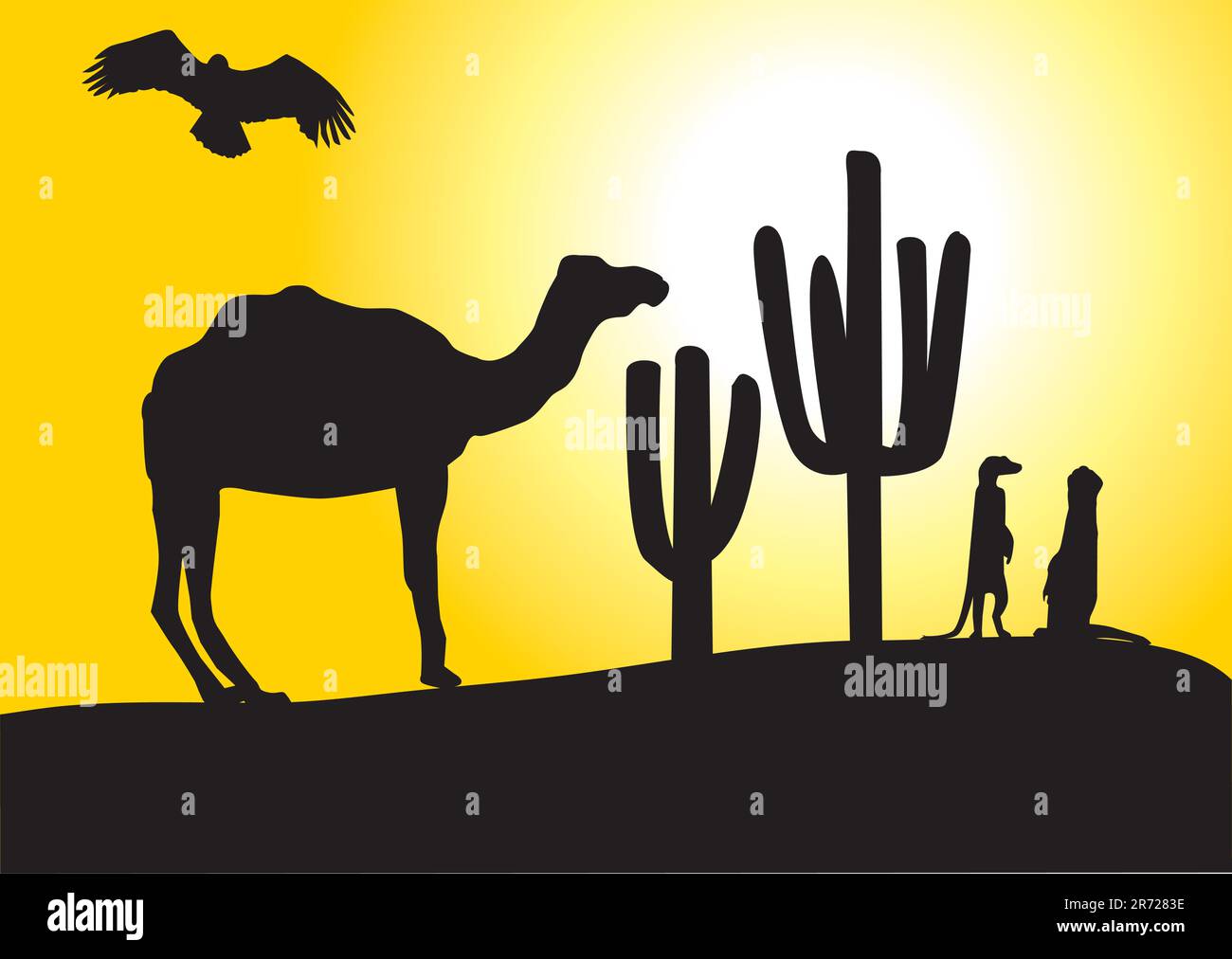 vector illustration of desert with camel.eagle and meer cats Stock Vector