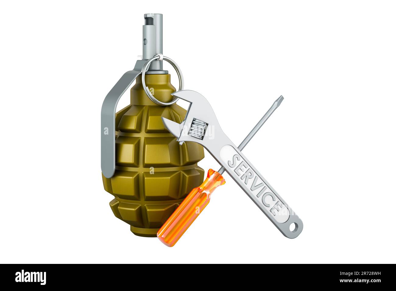 Hand grenade with screwdriver and wrench, 3D rendering isolated on ...