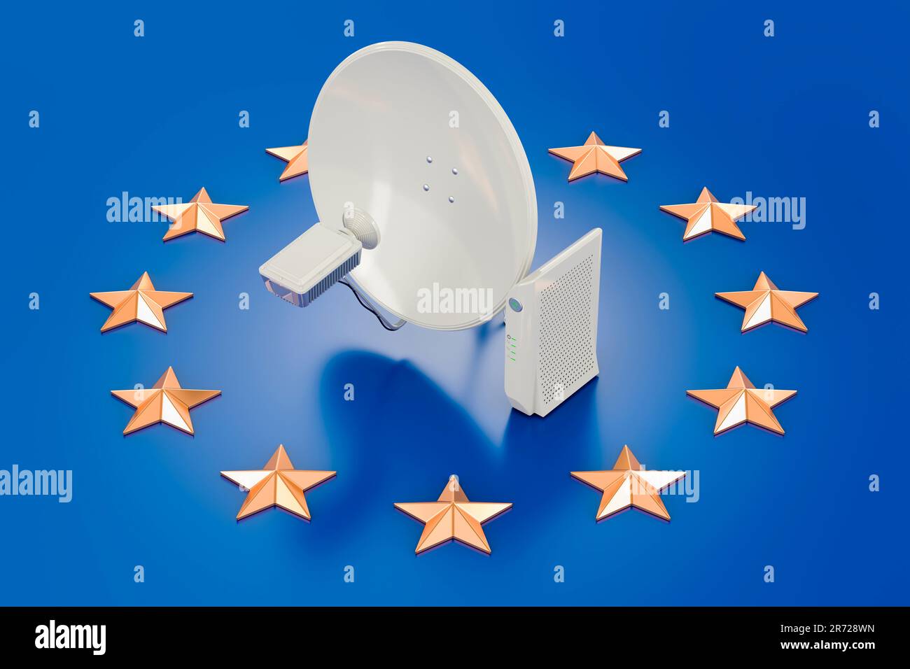 Satellite Internet access in the EU concept. Communication satellite dish with satellite modem. 3D rendering Stock Photo