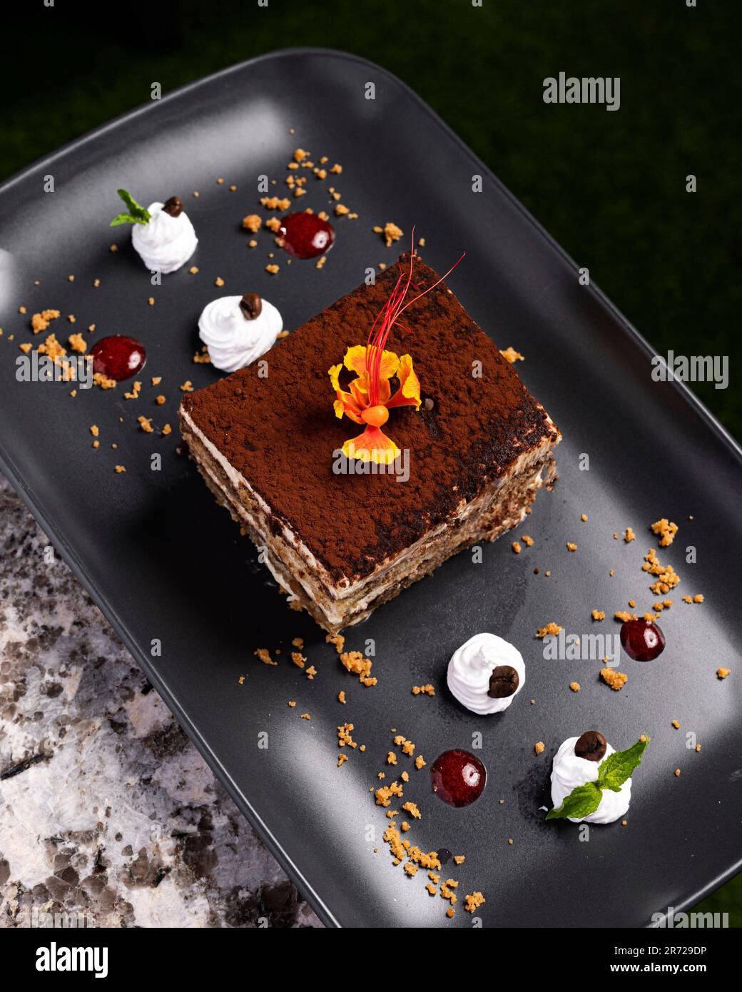 A delectable tiramisu with a flower artfully arranged on top Stock Photo