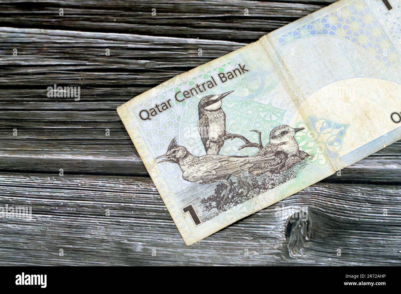 reverse side of 1 Qatari Riyal cash money currency of Qatar banknote with native birds Crested Lark Galerida cristata, Eurasian Bee-Eater Merops apias Stock Photo