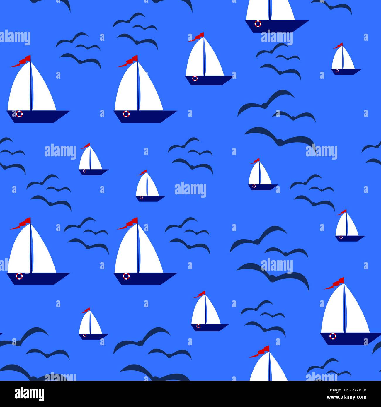 Seamless pattern of summertime. Sailboat and seagulls isolated on blue sea background. Stock Photo