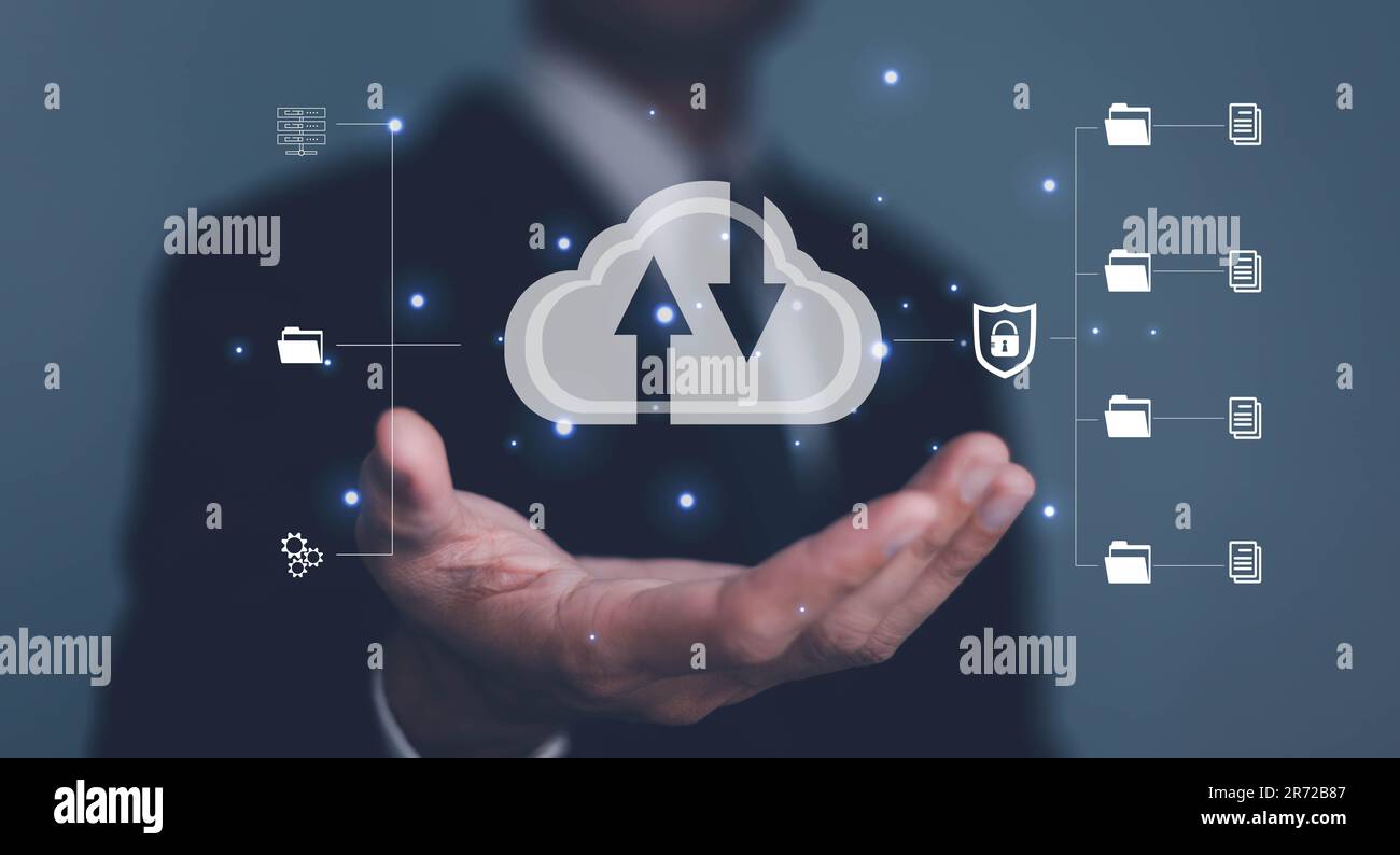 Hand holding virtual cloud computing with Global Internet connection. Business global internet connection application technology and access informatio Stock Photo
