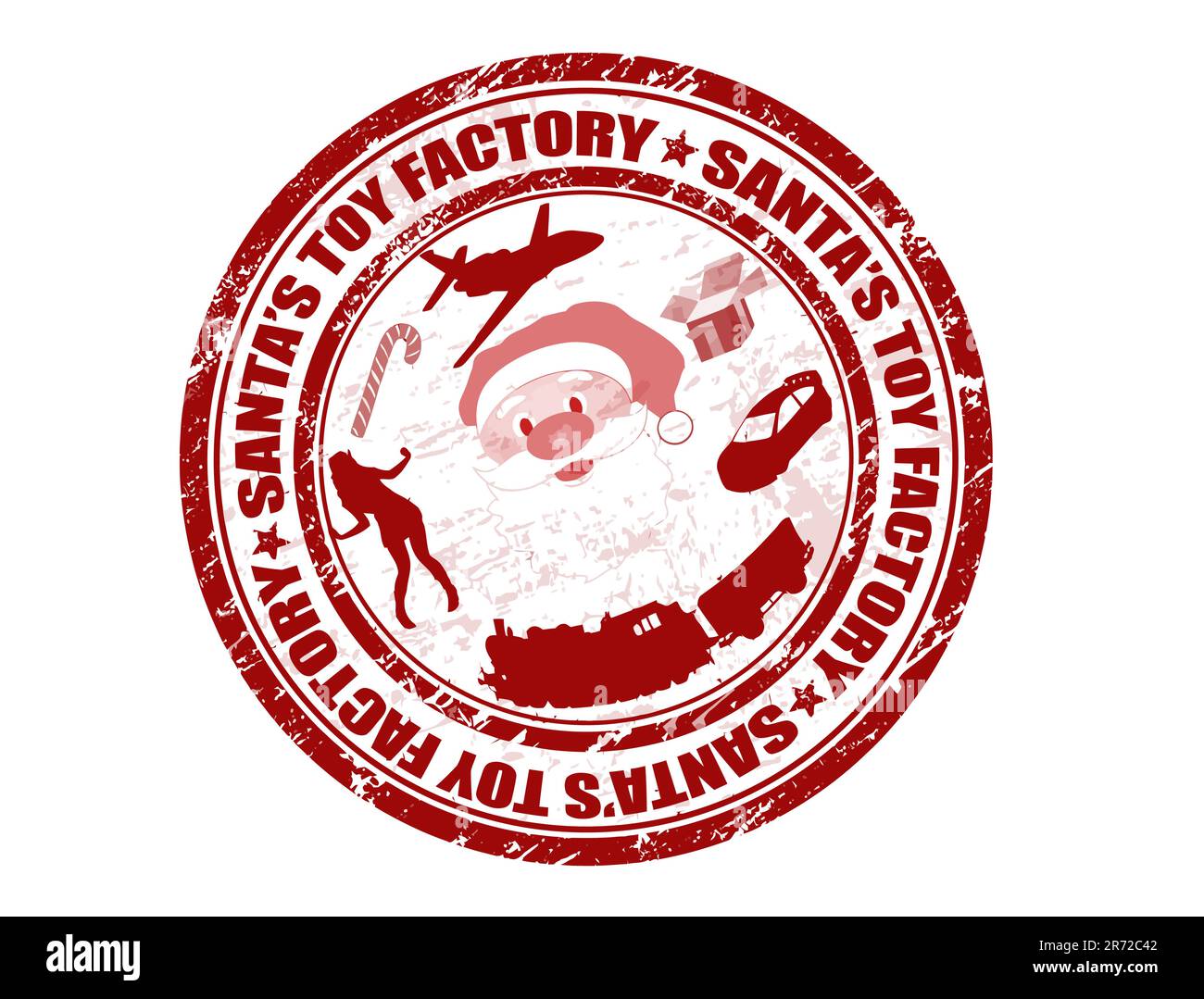 Red grunge rubber stamp with Santa shape,toys and the text Santa's Toy Factory written inside the stamp Stock Vector
