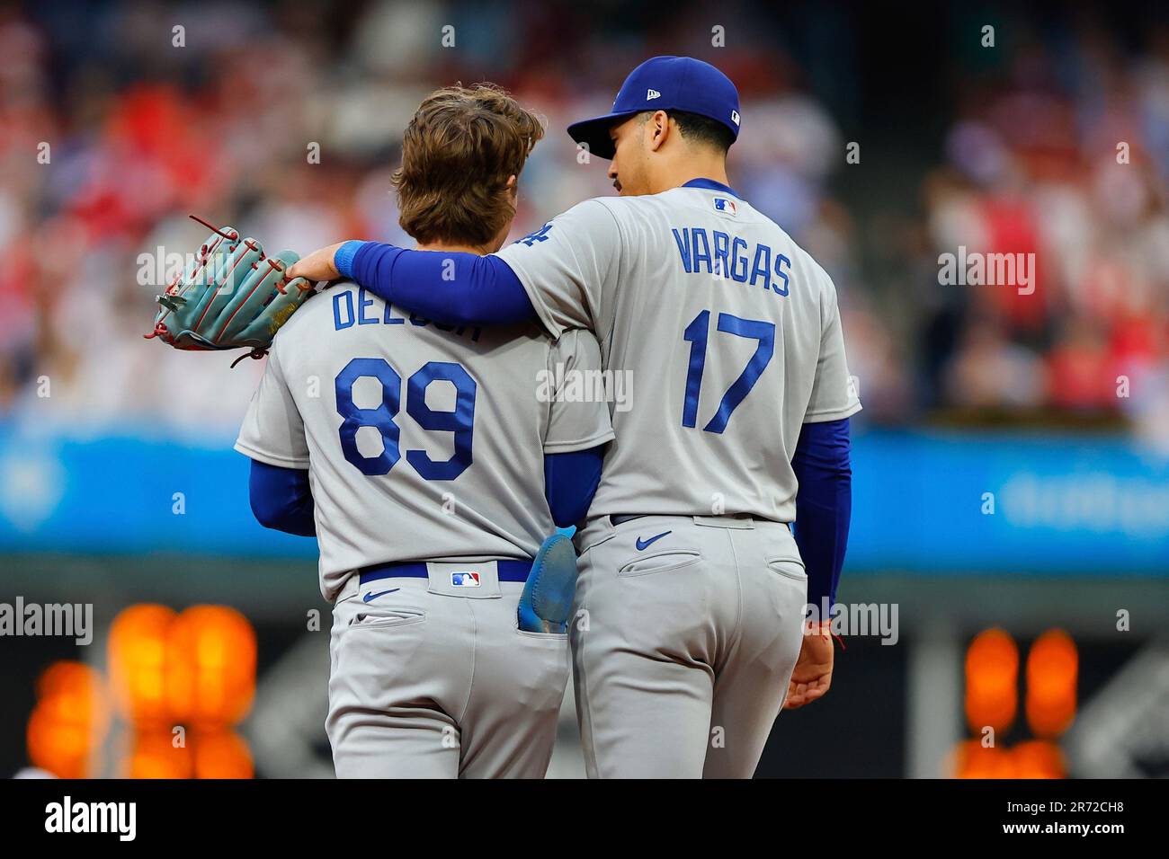 PHILADELPHIA, PA - JUNE 09: Jonny DeLuca #89 of the Los Angeles Dodgers and  Miguel Vargas #17 of the Los Angeles Dodgers during the game against the  Philadelphia Phillies at Citizens Bank
