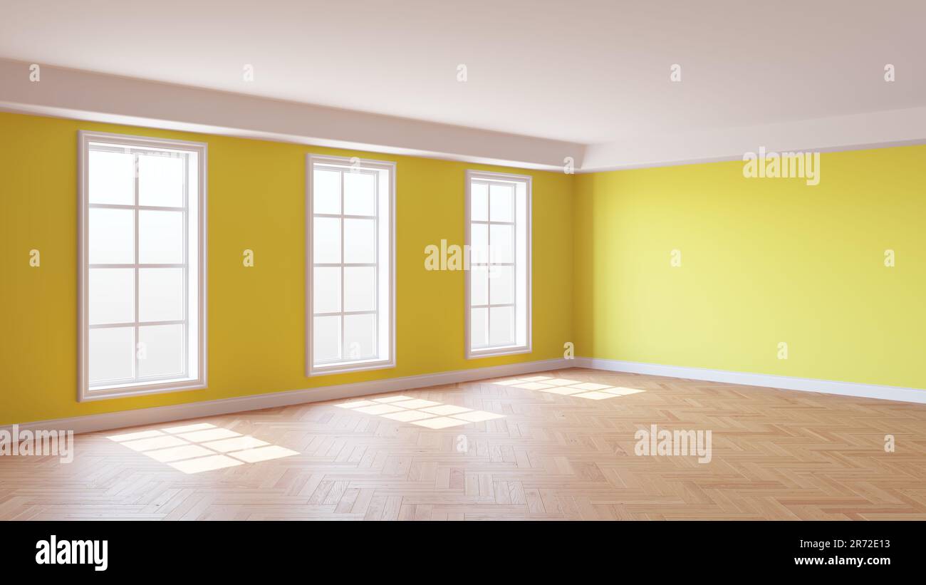 Beautiful Sunny Room with Yellow Walls, Three Large Windows, White