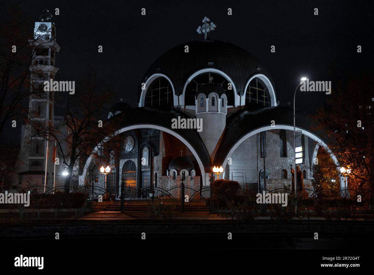 An areal shot of Orthodox St. Kliment Ohridski at night Stock Photo