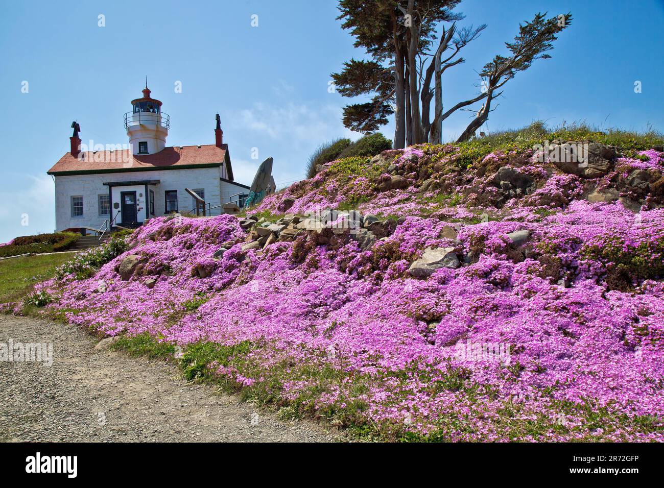 Battery Point Lighthouse & museum (reachable at low tide), currently active lighthouse, California. Stock Photo
