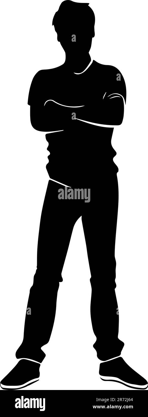 Young man silhouette with his arms crossed wearing casual clothes isolated on white background Stock Vector