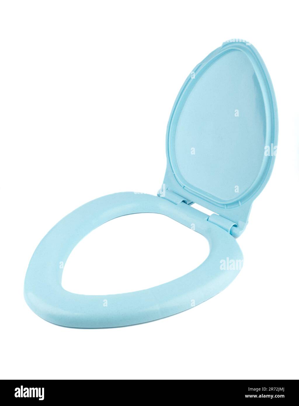 Blue toilet seat with open lid isolated on white background. Copy space